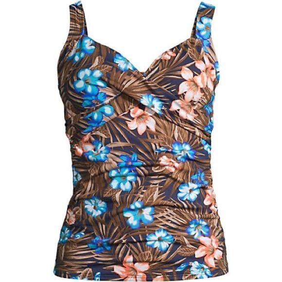 Land’s End Plus Regular size wrap underwire tankini navy palm print Various - Picture 1 of 4